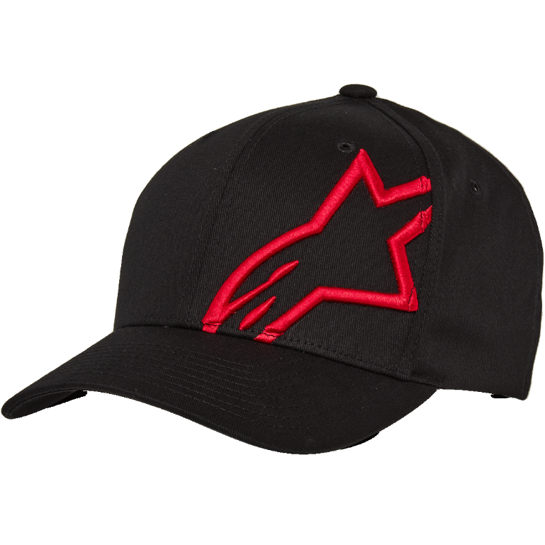 Alpinestars Corp Shift 2 Curved Brim Baseball Cap, gorra de béisbol negra con un gran logotipo de estrella bordado plano en rojo en el panel frontal izquierdo, visera curva Flexfit, construcción de seis paneles, accesorio casual inspirado en el automovilismo