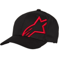 Alpinestars Corp Shift 2 Curved Brim Baseball Cap, gorra de béisbol negra con un gran logotipo de estrella bordado plano en rojo en el panel frontal izquierdo, visera curva Flexfit, construcción de seis paneles, accesorio casual inspirado en el automovilismo