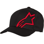 Alpinestars Corp Shift 2 Curved Brim Baseball Cap, gorra de béisbol negra con un gran logotipo de estrella bordado plano en rojo en el panel frontal izquierdo, visera curva Flexfit, construcción de seis paneles, accesorio casual inspirado en el automovilismo