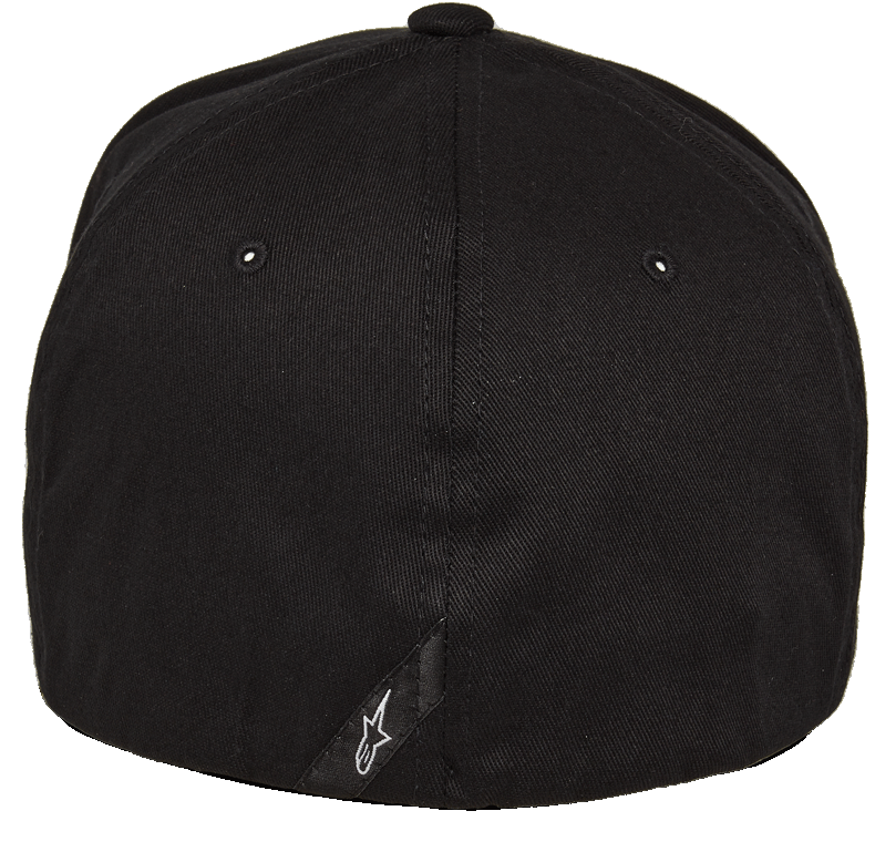 Gorra Alpinestars Corp Shift 2 de visera curva, color negro, vista trasera con pequeño logotipo Astars blanco en etiqueta de ante diagonal, accesorio casual Flexfit inspirado en el motorsport