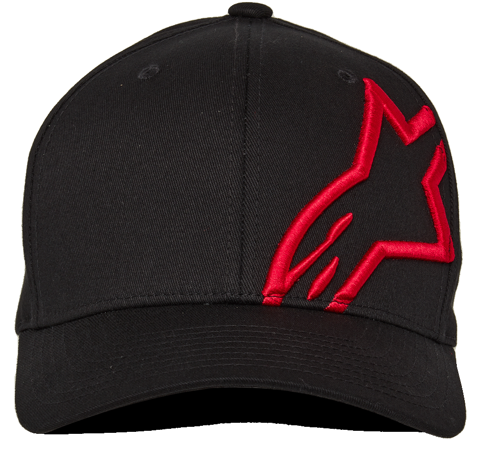 Alpinestars Corp Shift 2 Curved Brim, gorra de béisbol negra con bordado rojo, logo Astars plano en el panel frontal izquierdo, accesorio casual de estilo motorsport