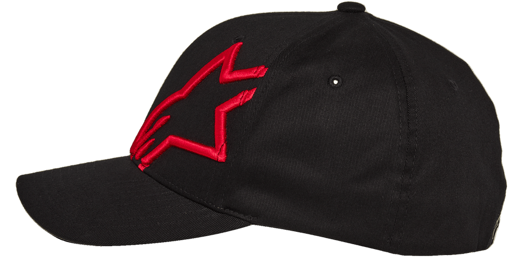 Gorra Alpinestars Corp Shift 2 de visera curva, negra con logotipo de estrella bordado en rojo, perfil lateral, gorra de béisbol Flexfit, ropa deportiva casual de motor