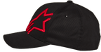 Gorra Alpinestars Corp Shift 2 de visera curva, negra con logotipo de estrella bordado en rojo, perfil lateral, gorra de béisbol Flexfit, ropa deportiva casual de motor