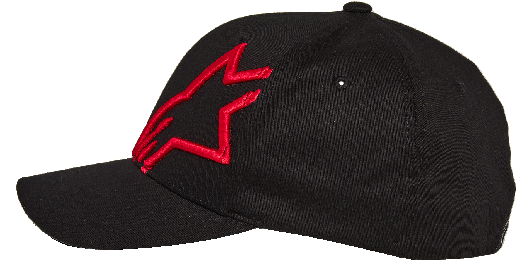 Gorra Alpinestars Corp Shift 2 de visera curva, negra con logotipo de estrella bordado en rojo, perfil lateral, gorra de béisbol Flexfit, ropa deportiva casual de motor