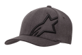 Alpinestars Corp Shift 2 Curved Bill Hat, gorra de béisbol en gris jaspeado oscuro y negro, con un gran logotipo de estrella bordado en negro en el panel frontal izquierdo, diseño de visera curva, tejido texturizado con orificios de ventilación, accesorio informal inspirado en el automovilismo