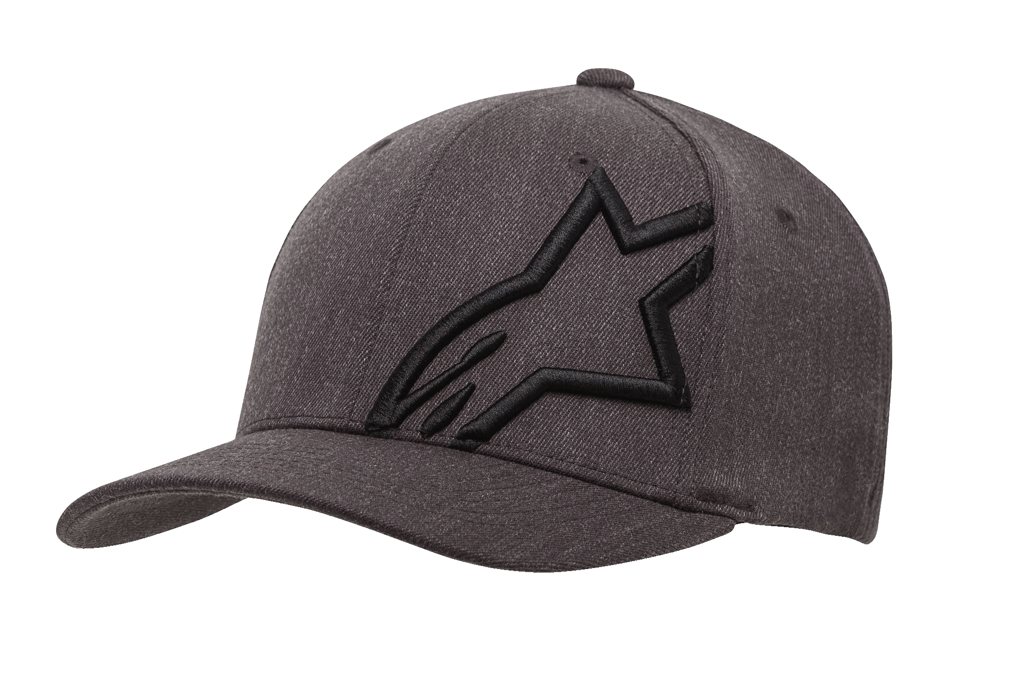 Alpinestars Corp Shift 2 Curved Bill Hat, gorra de béisbol en gris jaspeado oscuro y negro, con un gran logotipo de estrella bordado en negro en el panel frontal izquierdo, diseño de visera curva, tejido texturizado con orificios de ventilación, accesorio informal inspirado en el automovilismo