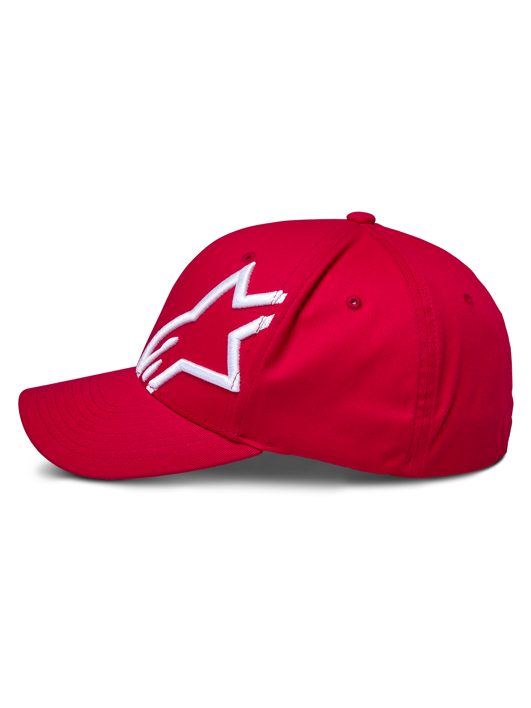 Gorra Alpinestars Corp Shift 2 de visera curva, roja, con logotipo de Alpinestars bordado en 3D en blanco en el panel izquierdo, vista lateral, corona estructurada y visera curva, accesorio casual inspirado en el automovilismo