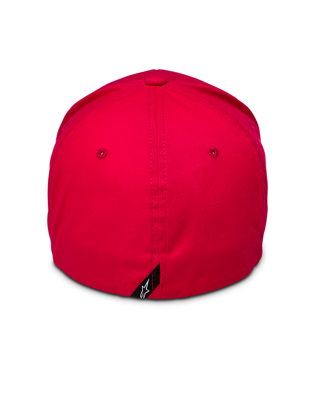 Alpinestars Corp Shift 2 Curved Brim, Red, back view showing flex-back design and small black Alpinestars logo tag, structured crown in red stretch twill, casual motorsport headwear