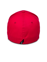 Alpinestars Corp Shift 2 Visera Curva, roja, vista trasera que muestra el diseño de ajuste elástico y una pequeña etiqueta negra con el logo de Alpinestars, corona estructurada en sarga elástica roja, accesorio casual para motorsport