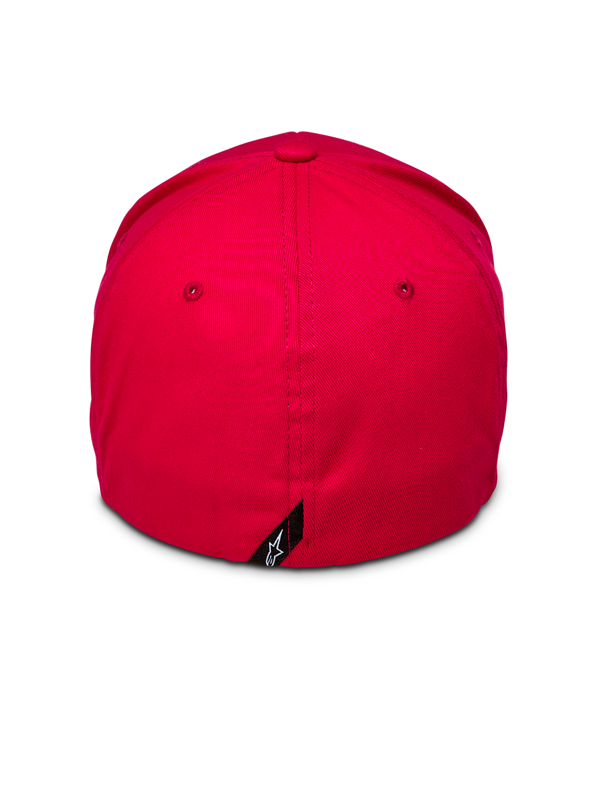 Alpinestars Corp Shift 2 Visera Curva, roja, vista trasera que muestra el diseño de ajuste elástico y una pequeña etiqueta negra con el logo de Alpinestars, corona estructurada en sarga elástica roja, accesorio casual para motorsport