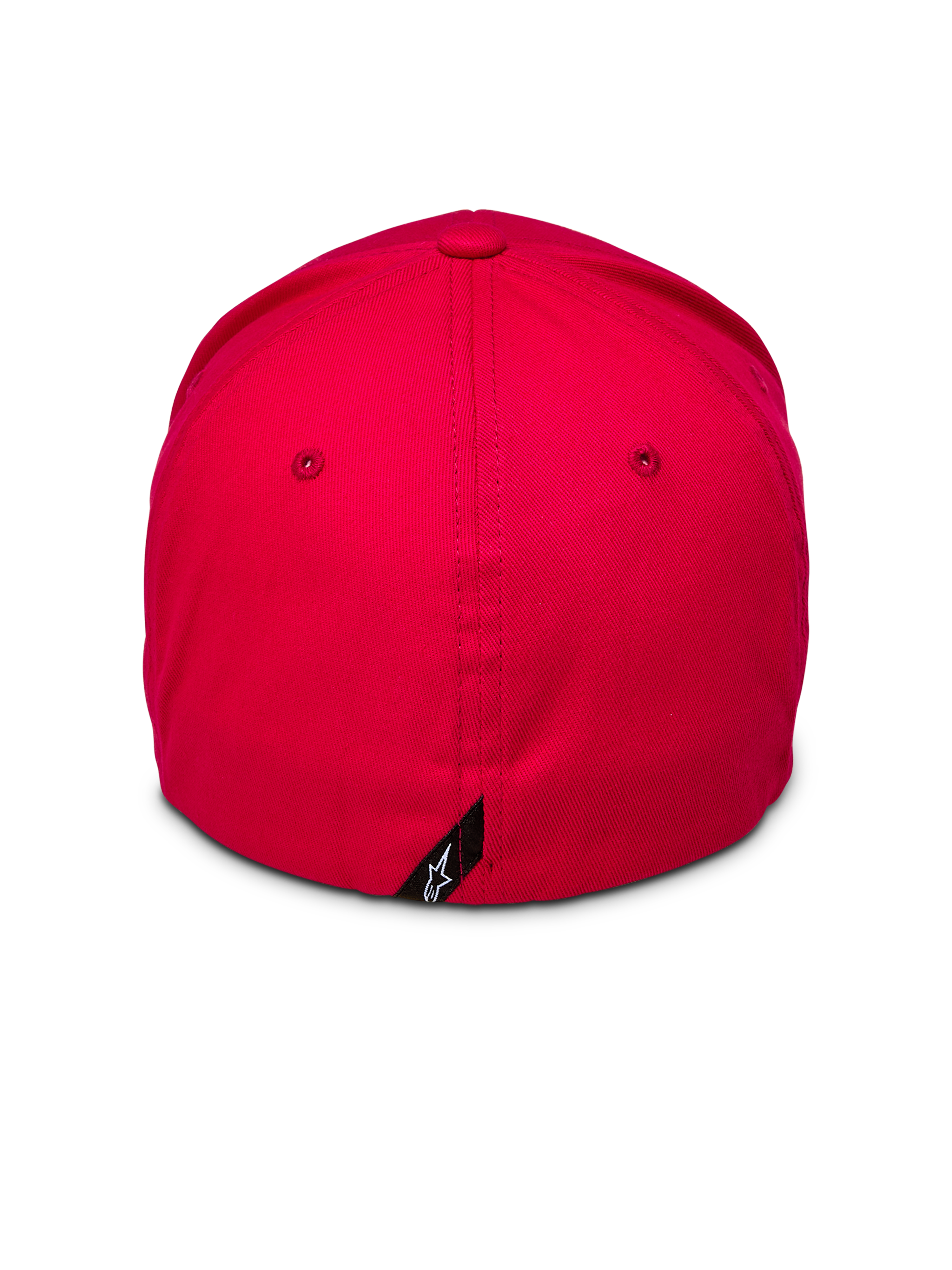 Alpinestars Corp Shift 2 Curved Brim, Red, back view showing flex-back design and small black Alpinestars logo tag, structured crown in red stretch twill, casual motorsport headwear