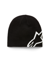 Alpinestars Corp Shift Beanie, Black Knit Hat, large white jacquard Alpinestars logo, sweater knit jersey stitch construction, casual motorsport-inspired headwear