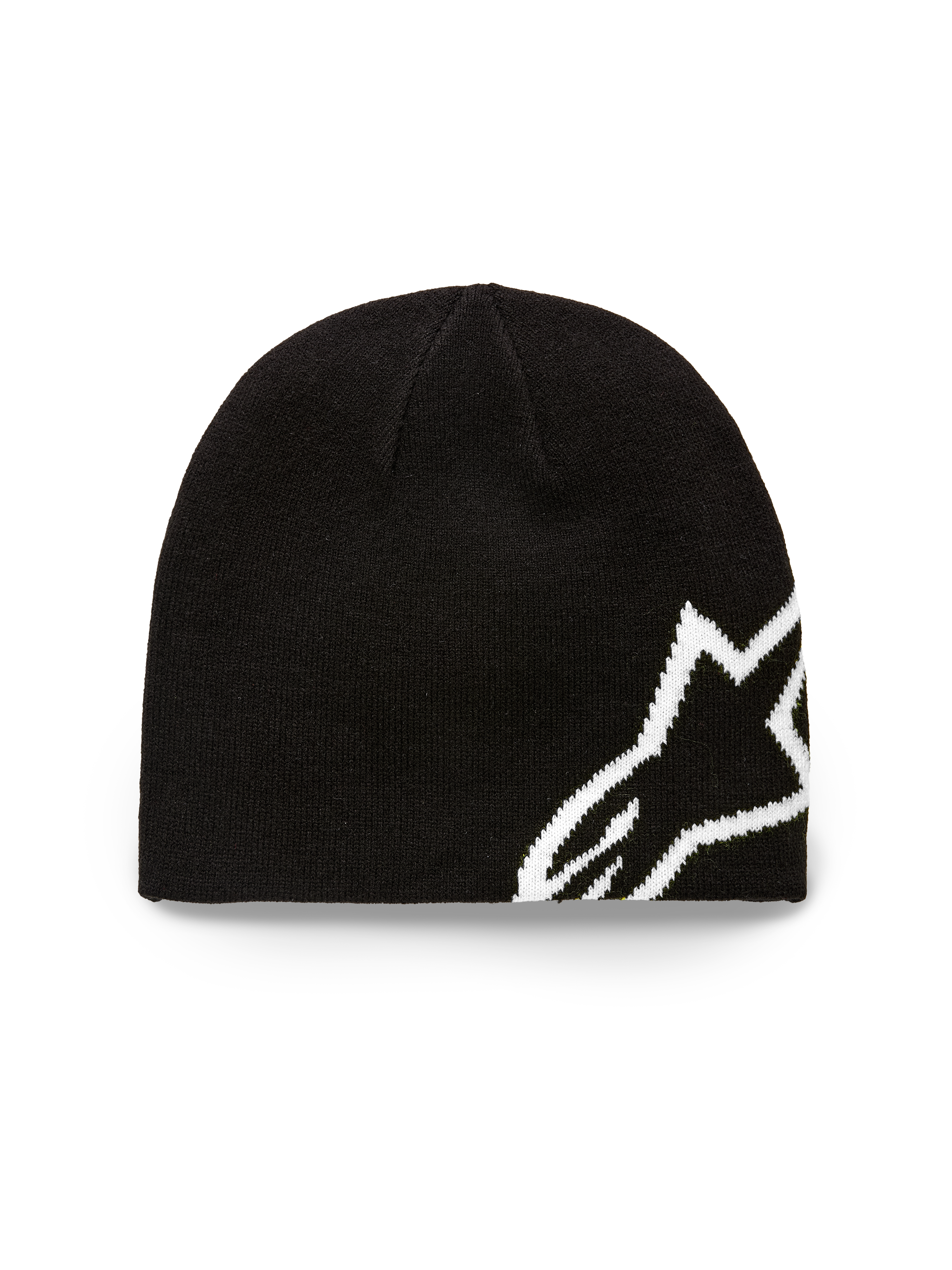 Alpinestars Corp Shift Beanie, Black Knit Hat, large white jacquard Alpinestars logo, sweater knit jersey stitch construction, casual motorsport-inspired headwear