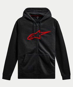 Sudadera con capucha Alpinestars Ageless Zip V3, ropa urbana casual, negra con un gran logotipo rojo de Alpinestars en el pecho, cremallera frontal completa, capucha con cordón, manga larga, puños y dobladillo acanalados