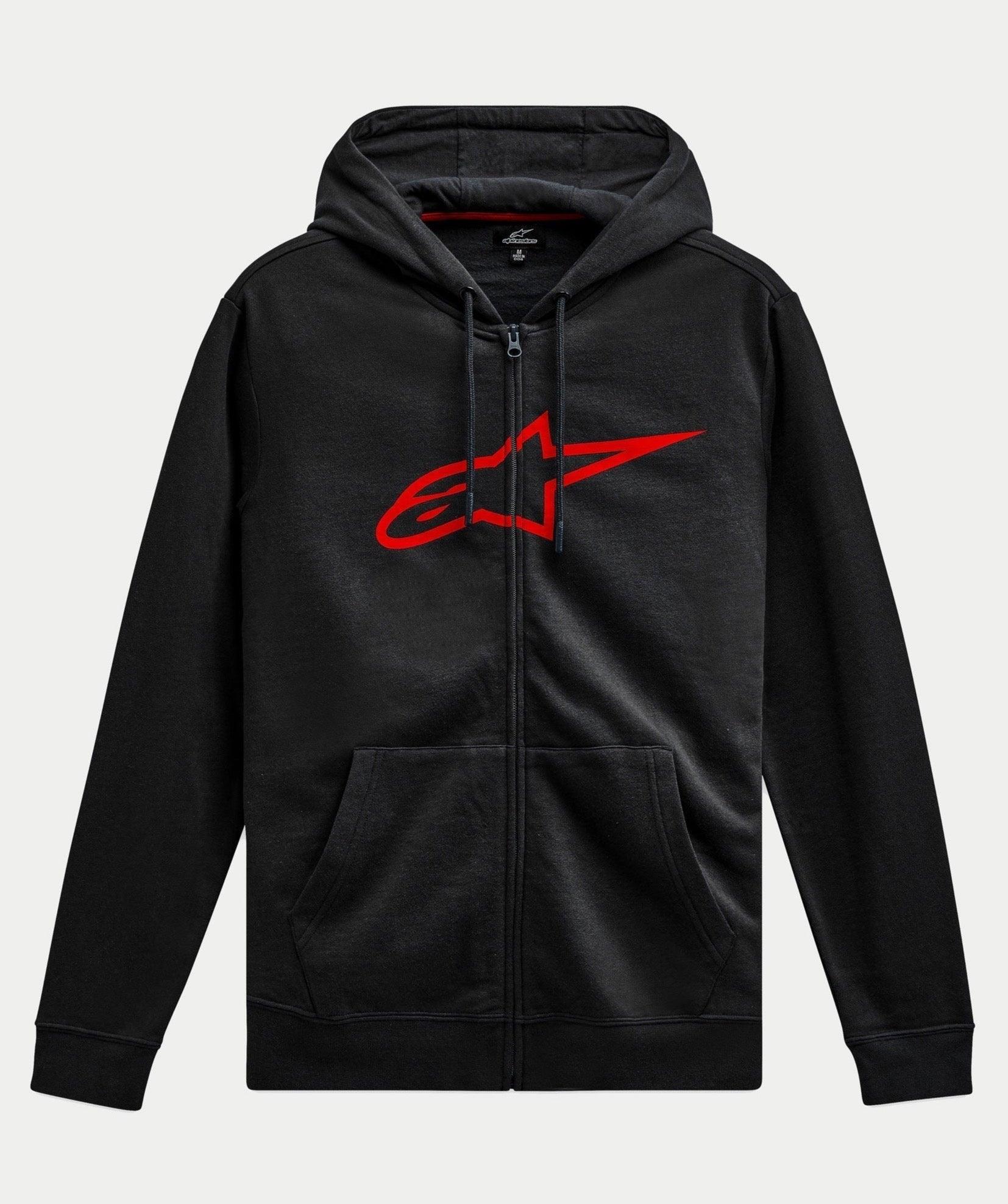 Alpinestars Ageless Zip V3 Hoodie, casual streetwear, black with large red Alpinestars logo on the chest, full-zip front, drawstring hood, long sleeves, ribbed cuffs and hem