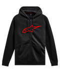 Alpinestars Ageless Zip V3 Hoodie, casual motorsport streetwear, black with red Astars logo, full-length zipper, drawstring hood, long sleeves, ribbed cuffs and hem