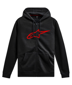 Alpinestars Ageless Zip V3 Hoodie, casual motorsport streetwear, black with red Astars logo, full-length zipper, drawstring hood, long sleeves, ribbed cuffs and hem