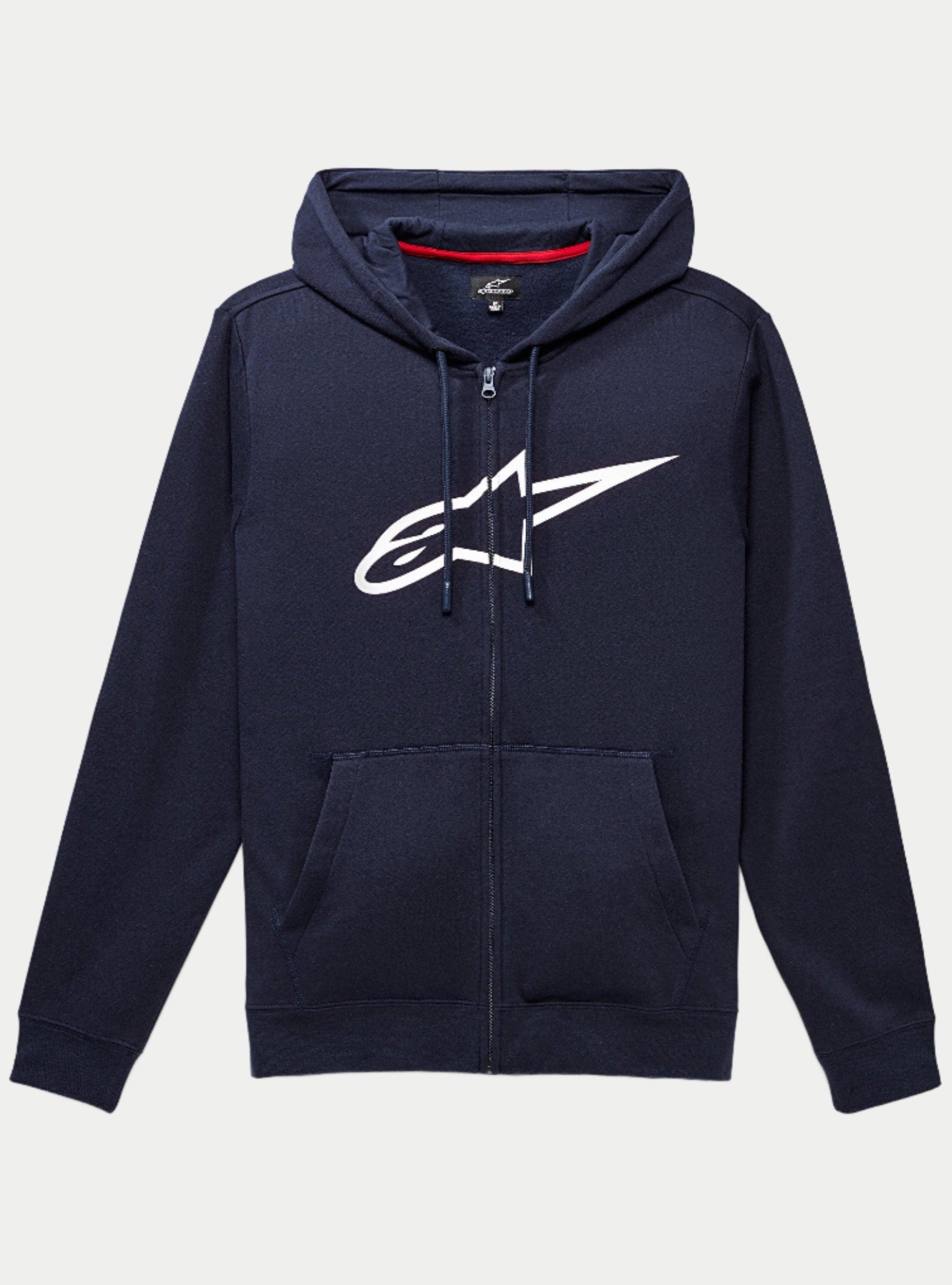 Sudadera con capucha Alpinestars Ageless Zip V3, sudadera de forro polar azul marino con cremallera completa y un gran logotipo blanco de Alpinestars en el pecho, capucha con cordón, bolsillos frontales tipo canguro, ropa urbana casual inspirada en el automovilismo