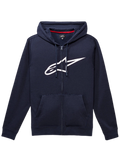 Alpinestars Ageless Zip V3 Hoodie, navy blue full-zip sweatshirt, large white Alpinestars logo on chest, drawstring hood, front kangaroo pockets, ribbed cuffs and hem, casual motorsport-inspired streetwear
