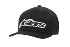 Gorra Alpinestars Blaze Flexfit, gorra de béisbol negra con logotipo bordado en 3D blanco, visera curva, corona estructurada de seis paneles con ojales de ventilación, accesorio casual de estilo motorsport