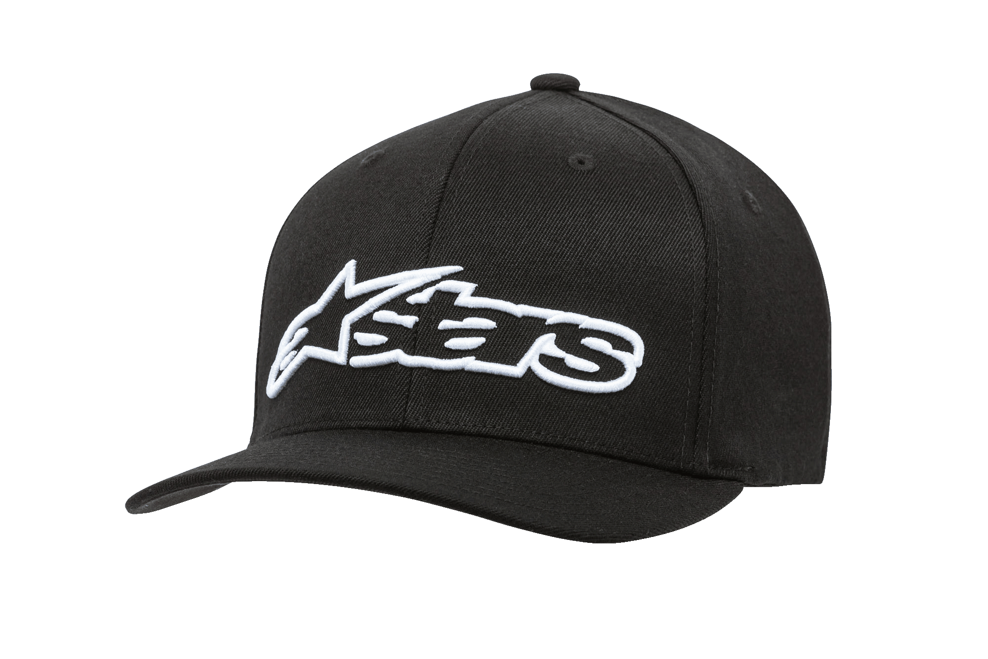 Gorra Alpinestars Blaze Flexfit, gorra de béisbol negra con logotipo bordado en 3D blanco, visera curva, corona estructurada de seis paneles con ojales de ventilación, accesorio casual de estilo motorsport