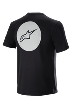 Alpinestars Dot Tech Tee, camiseta de ciclismo de manga corta, negra, vista posterior con un círculo blanco grande y el logotipo A-star negro, tejido DriRelease con absorción de humedad para ciclismo de montaña