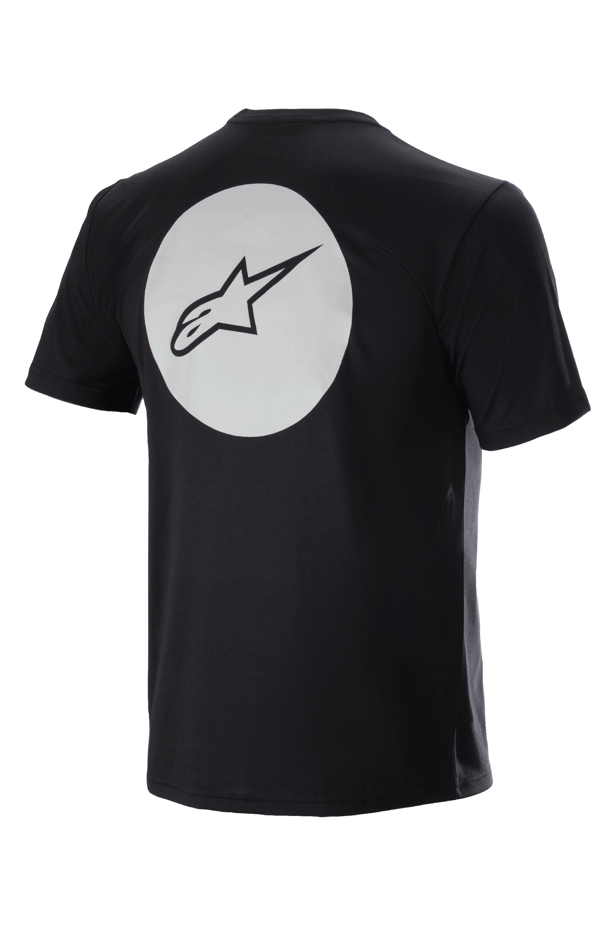 Alpinestars Dot Tech Tee, camiseta de ciclismo de manga corta, negra, vista posterior con un círculo blanco grande y el logotipo A-star negro, tejido DriRelease con absorción de humedad para ciclismo de montaña