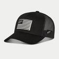 Alpinestars Flag Snapback Hat, Black, baseball cap featuring a black mesh back and curved bill, front printed flag patch with Alpinestars logo, side logo embroidery, casual motorsport-inspired headwear