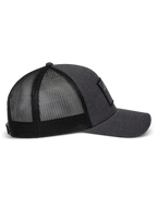 Alpinestars Flag Snapback Hat in Charcoal Heather Black, side profile view showing the curved bill, structured twill front panel with a merrow patch, and breathable polyester mesh back.