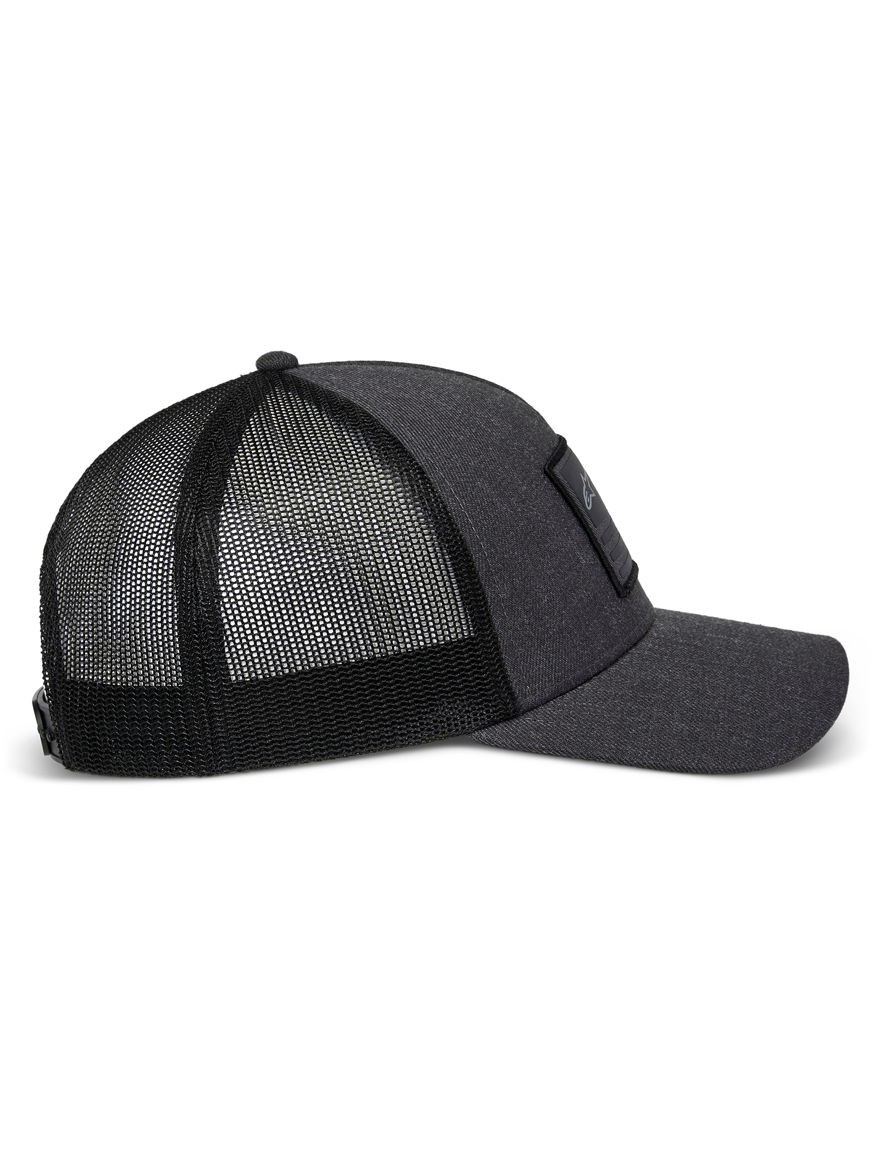 Alpinestars Flag Snapback Hat in Charcoal Heather Black, side profile view showing the curved bill, structured twill front panel with a merrow patch, and breathable polyester mesh back.