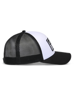 Alpinestars Flag Snapback Hat, White and Black, side profile view, structured white crown with black curved bill, breathable black mesh back panels, casual motorsport-inspired headwear