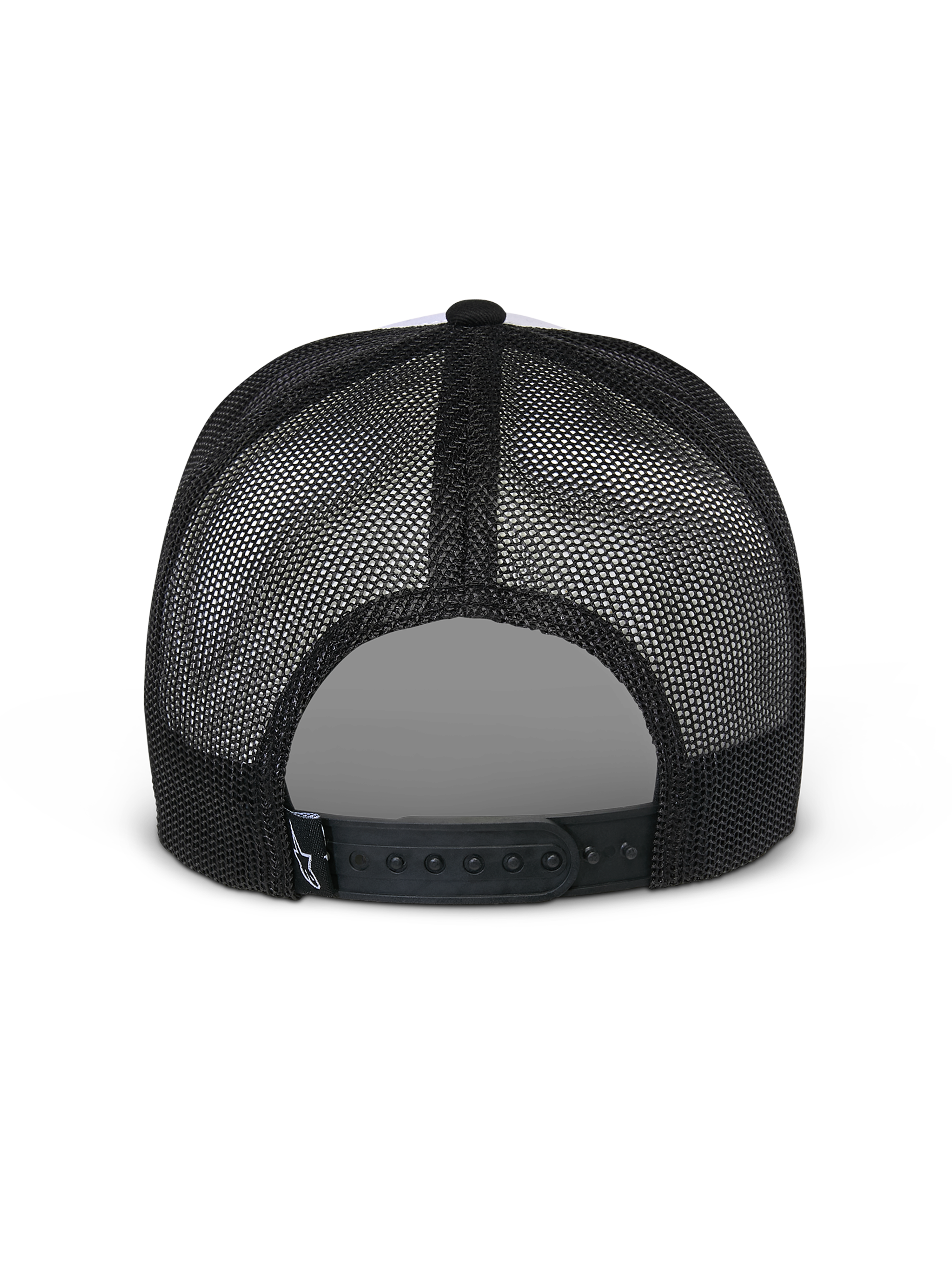 Alpinestars Flag Snapback Hat, White and Black, back view showing black mesh panels and adjustable snapback closure, casual motorsport headwear