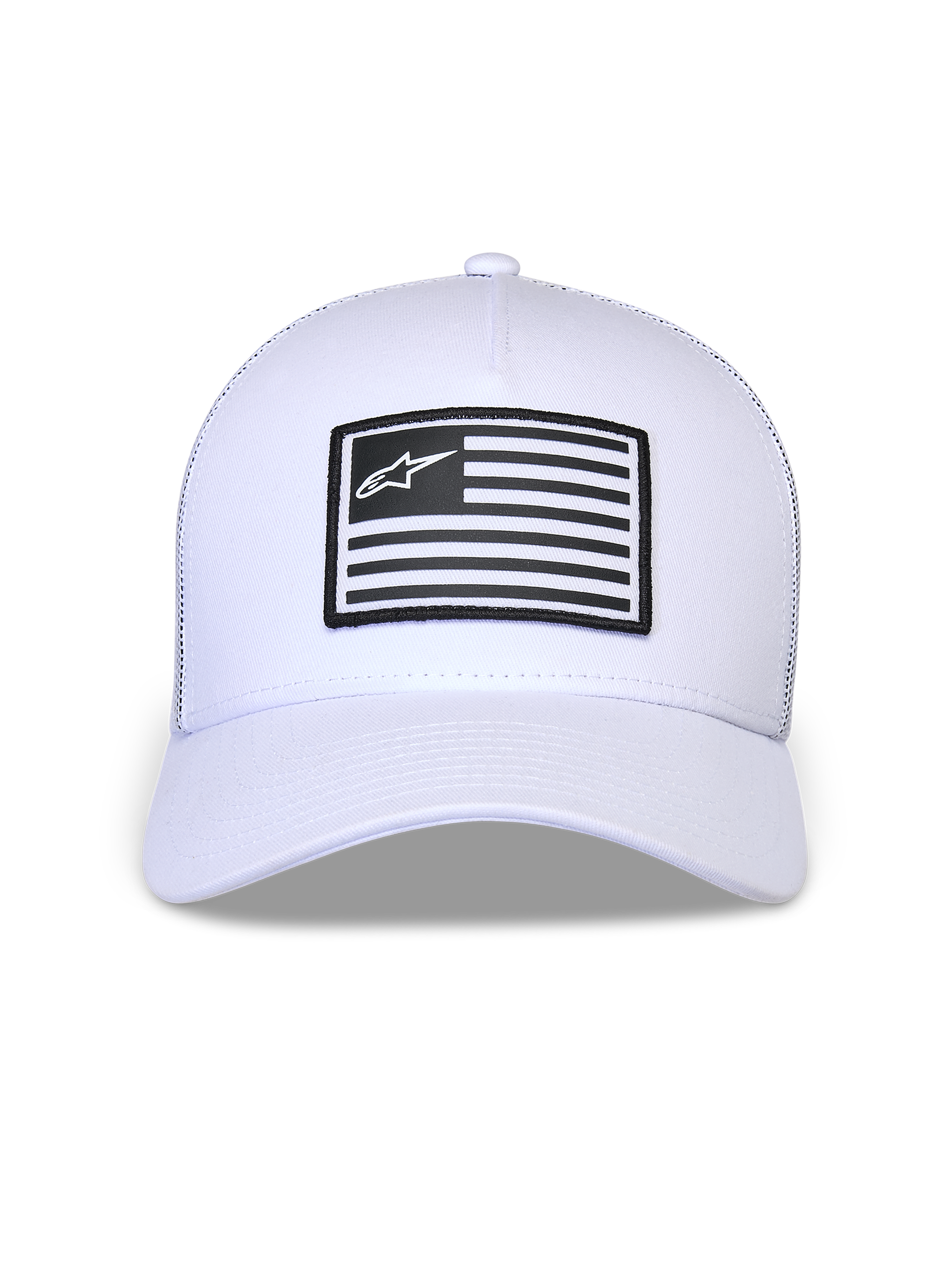 Alpinestars Flag Snapback Hat, White, structured crown with curved bill, front black and white rectangular patch with Alpinestars logo, casual motorsport-inspired headwear