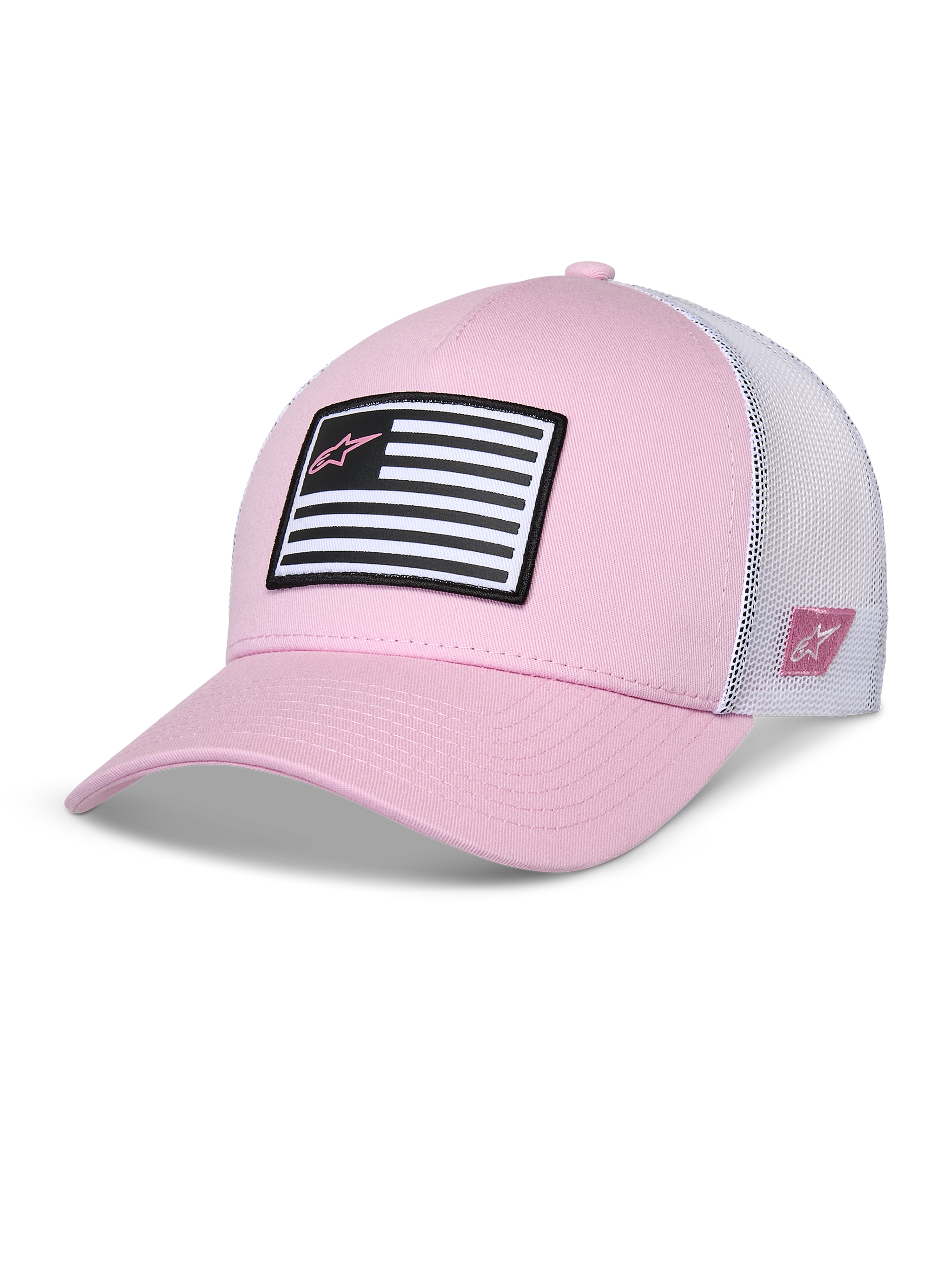 Alpinestars Flag Snapback Hat, Pink and White, curved bill with structured crown, twill front with white mesh back, featuring a black and white flag patch with pink Astars logo, casual motorsport-inspired sportswear