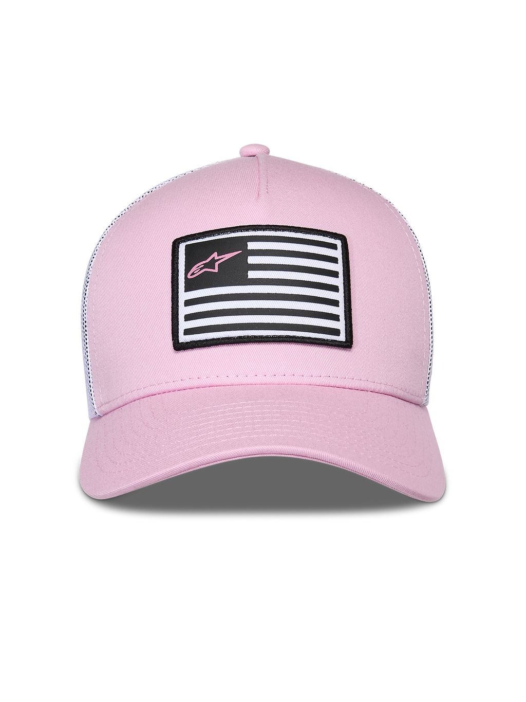 Alpinestars Flag Snapback Hat, Pink and White, featuring a pink twill front and white mesh back, curved bill, front patch with flag design and pink Astars logo, casual motorsport streetwear