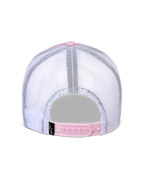 Alpinestars Flag Snapback Hat, back view, Pink and White, breathable white mesh panels with pink adjustable snapback closure, small black Alpinestars logo label, casual motorsport-inspired headwear