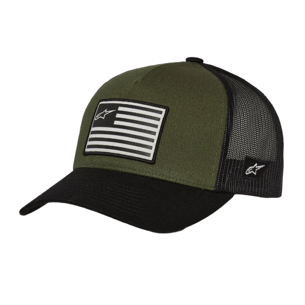 Gorra Alpinestars Flag Snapback, Negro Militar, corona verde oliva con visera curvada negra y parte trasera de malla, parche de bandera impreso frontal con logotipo, diseño deportivo casual