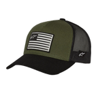 Gorra Alpinestars Flag Snapback, Negro Militar, corona verde oliva con visera curvada negra y parte trasera de malla, parche de bandera impreso frontal con logotipo, diseño deportivo casual