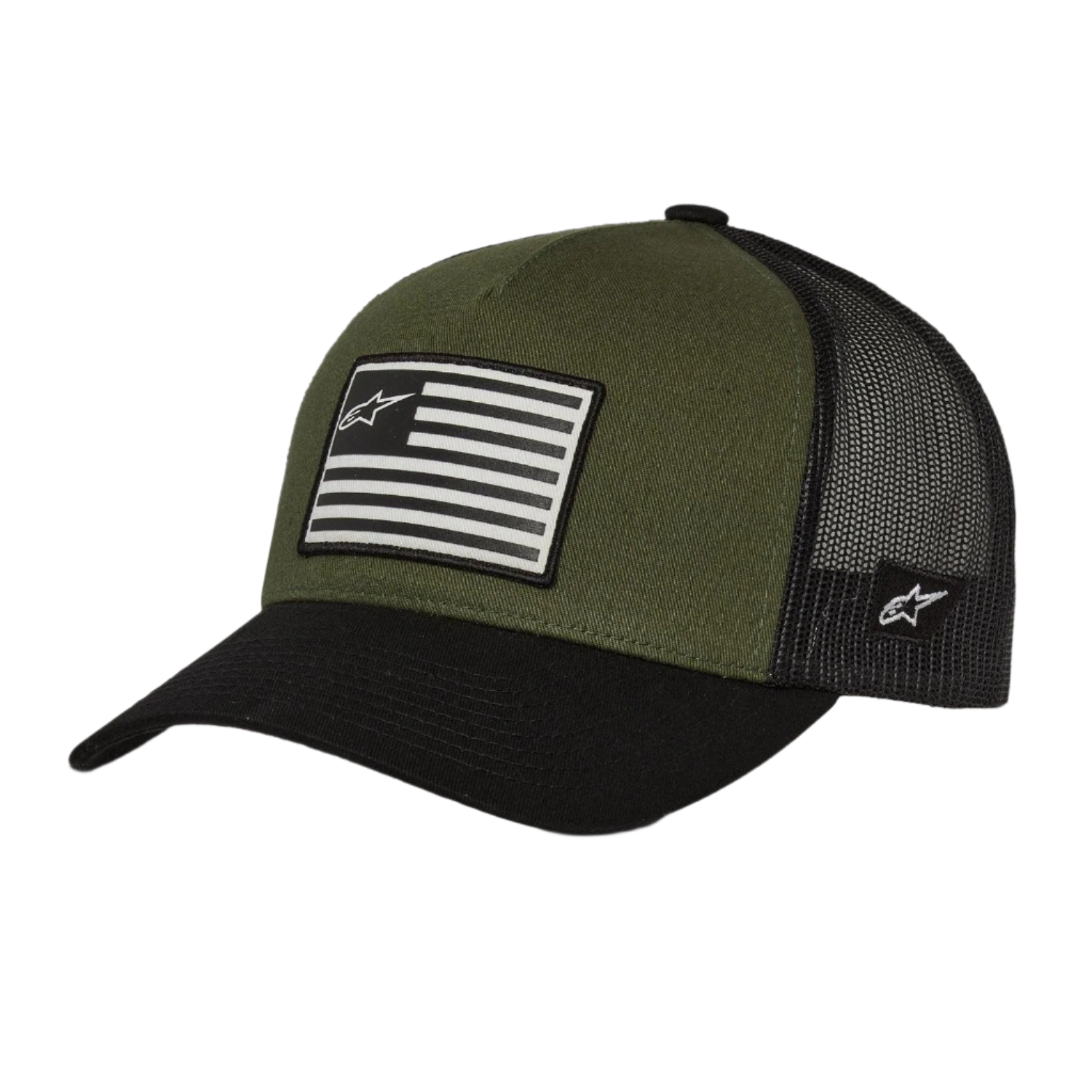 Gorra Alpinestars Flag Snapback, Negro Militar, corona verde oliva con visera curvada negra y parte trasera de malla, parche de bandera impreso frontal con logotipo, diseño deportivo casual