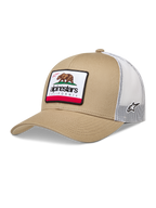 Alpinestars Cali 2.0 Hat, sportswear trucker cap in sand and white, featuring a mesh back and woven California bear patch.