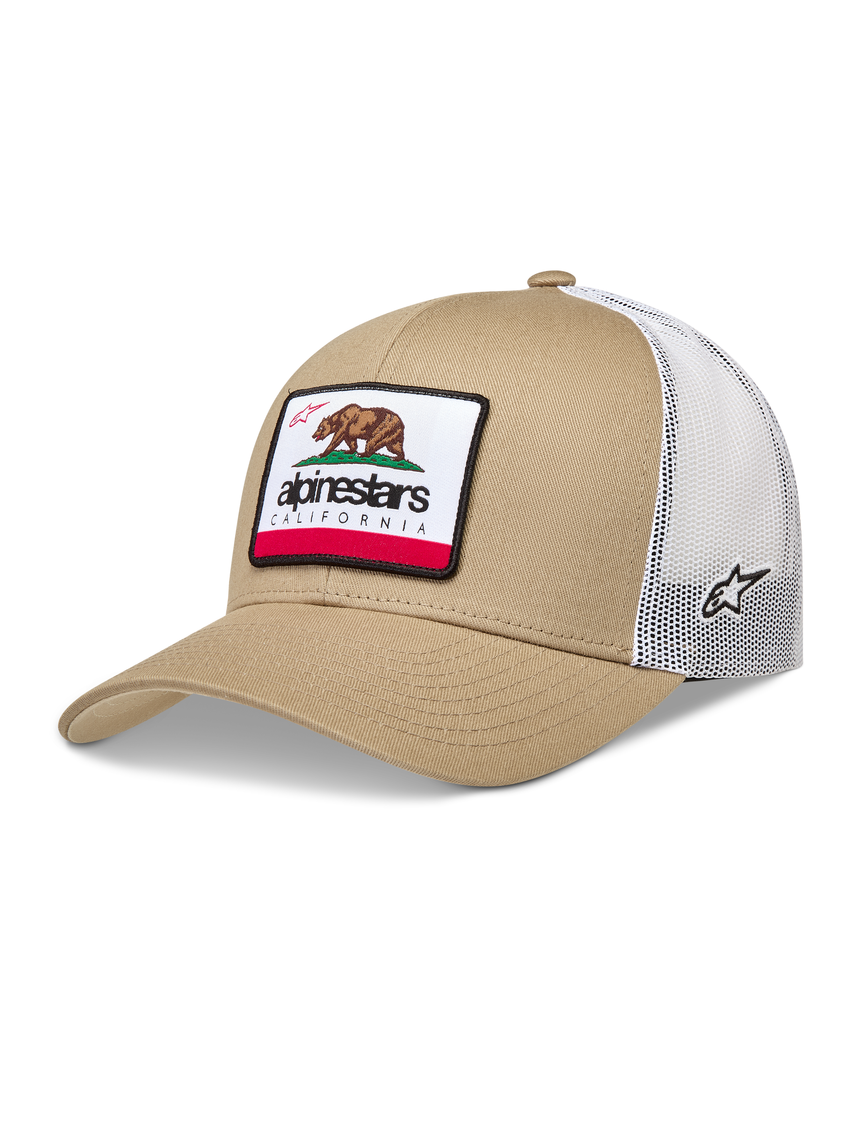 Alpinestars Cali 2.0, gorra tipo trucker color arena y blanca, con parte trasera de malla y parche tejido del oso de California