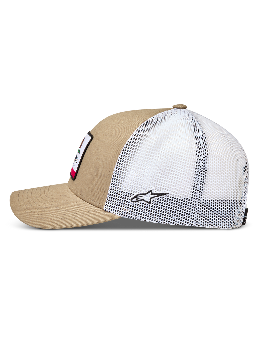 Alpinestars Cali 2.0 Hat, Sportswear Trucker Cap, Sand and White, featuring a Mesh Back, Curved Bill, and Twill Front.