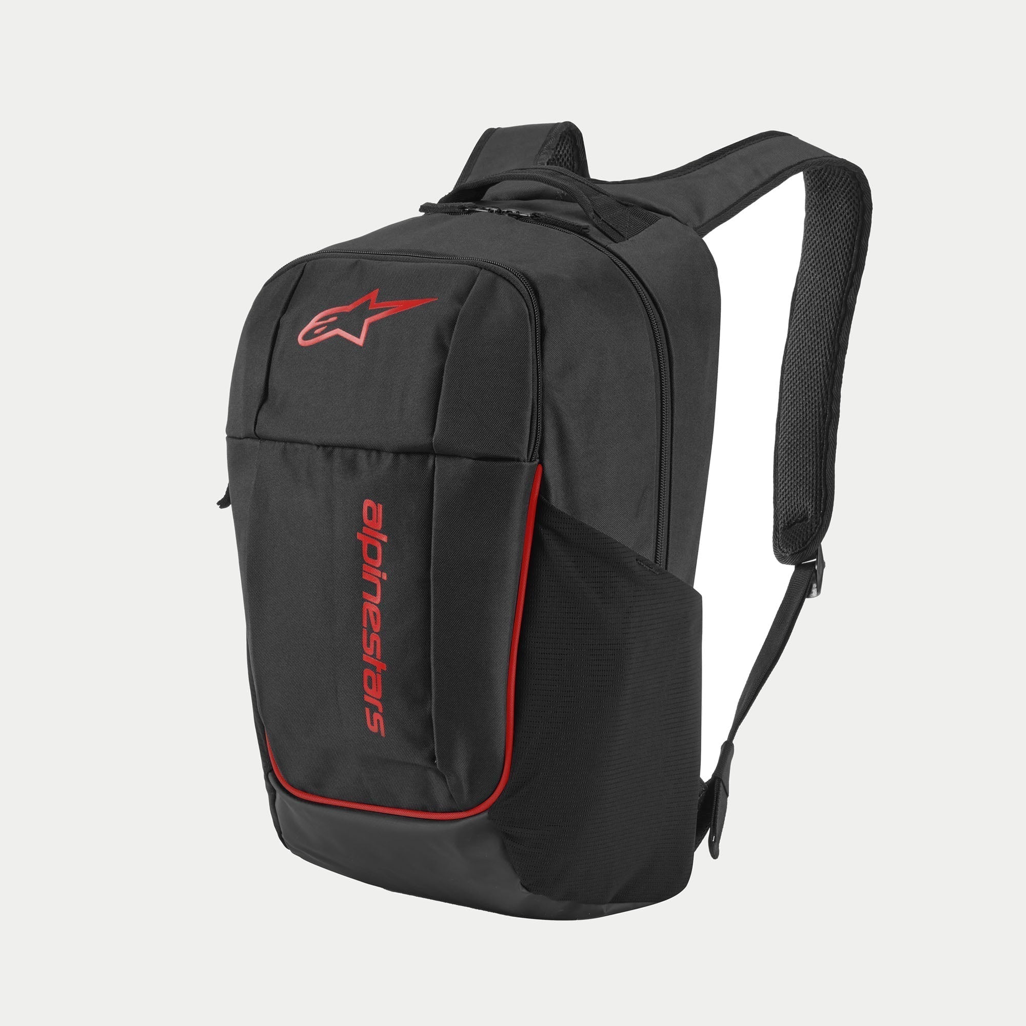 Mochila Alpinestars GFX V2, negra y roja, mochila deportiva de tamaño mediano con el logo Astars en rojo y marca vertical, bolsillo lateral de malla para botella de agua y correas de hombro acolchadas de malla de aire