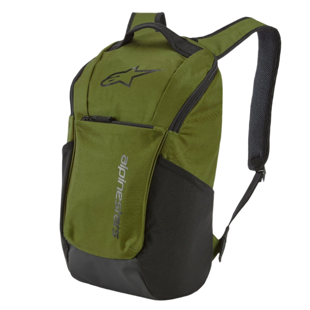 Alpinestars Defcon V2 Backpack, mochila deportiva, verde militar con detalles negros, con el logotipo Astar y marca vertical, bolsillos laterales de malla y correas acolchadas de malla transpirable