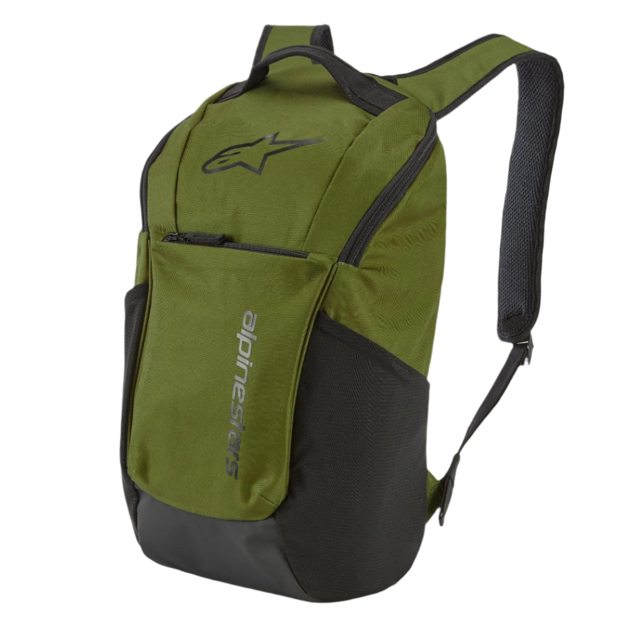 Alpinestars Defcon V2 Backpack, mochila deportiva, verde militar con detalles negros, con el logotipo Astar y marca vertical, bolsillos laterales de malla y correas acolchadas de malla transpirable