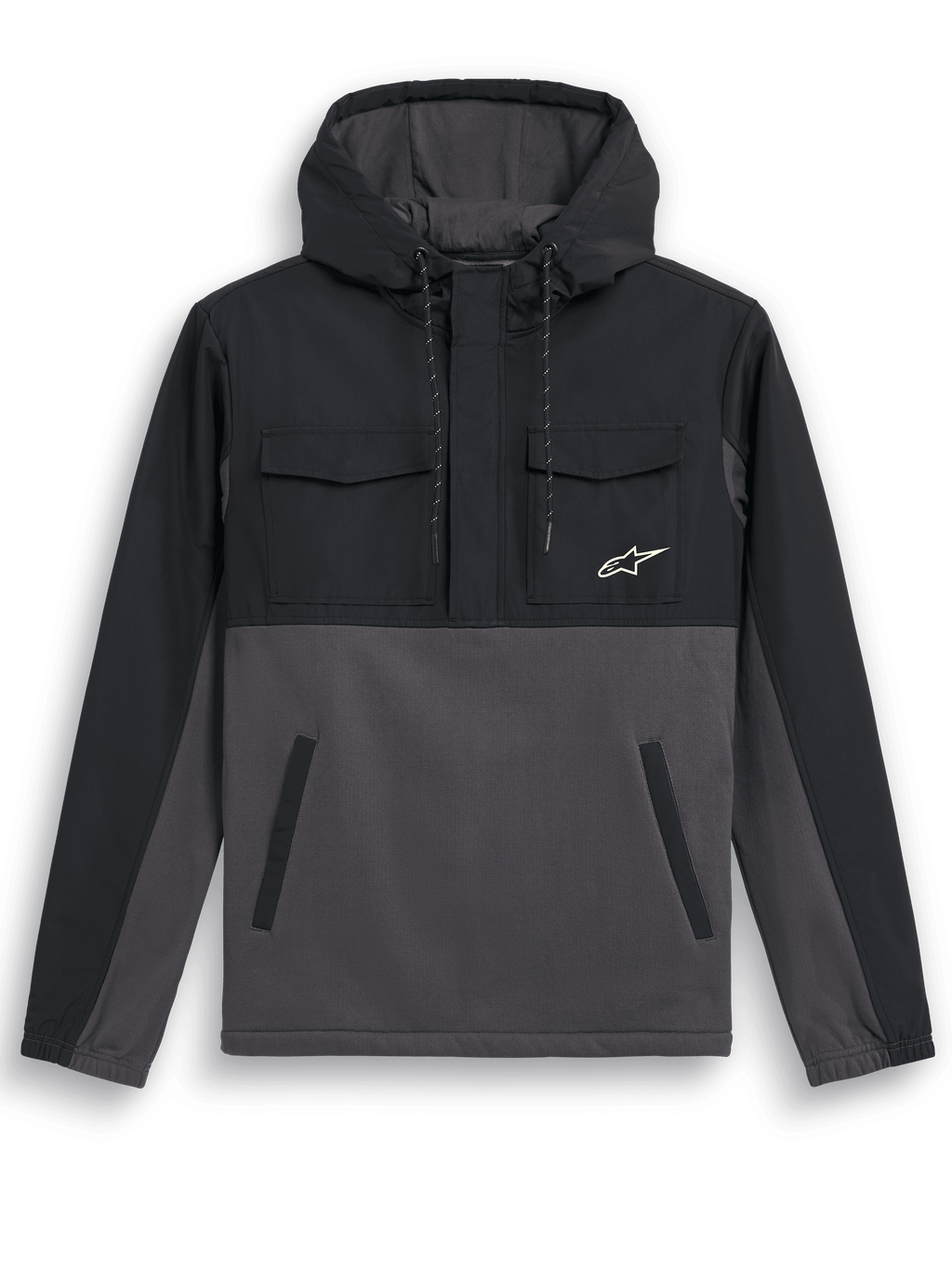 Alpinestars Juncture Hybrid Jacket, anorak con capucha, negro gunmetal, diseño de materiales mixtos con revestimiento de ripstop en el canesú y la capucha, cuerpo de forro polar de lona, bolsillos con solapa en el pecho, bolsillos inferiores de ojal, pequeño logotipo de estrella blanco, chaqueta casual inspirada en el automovilismo