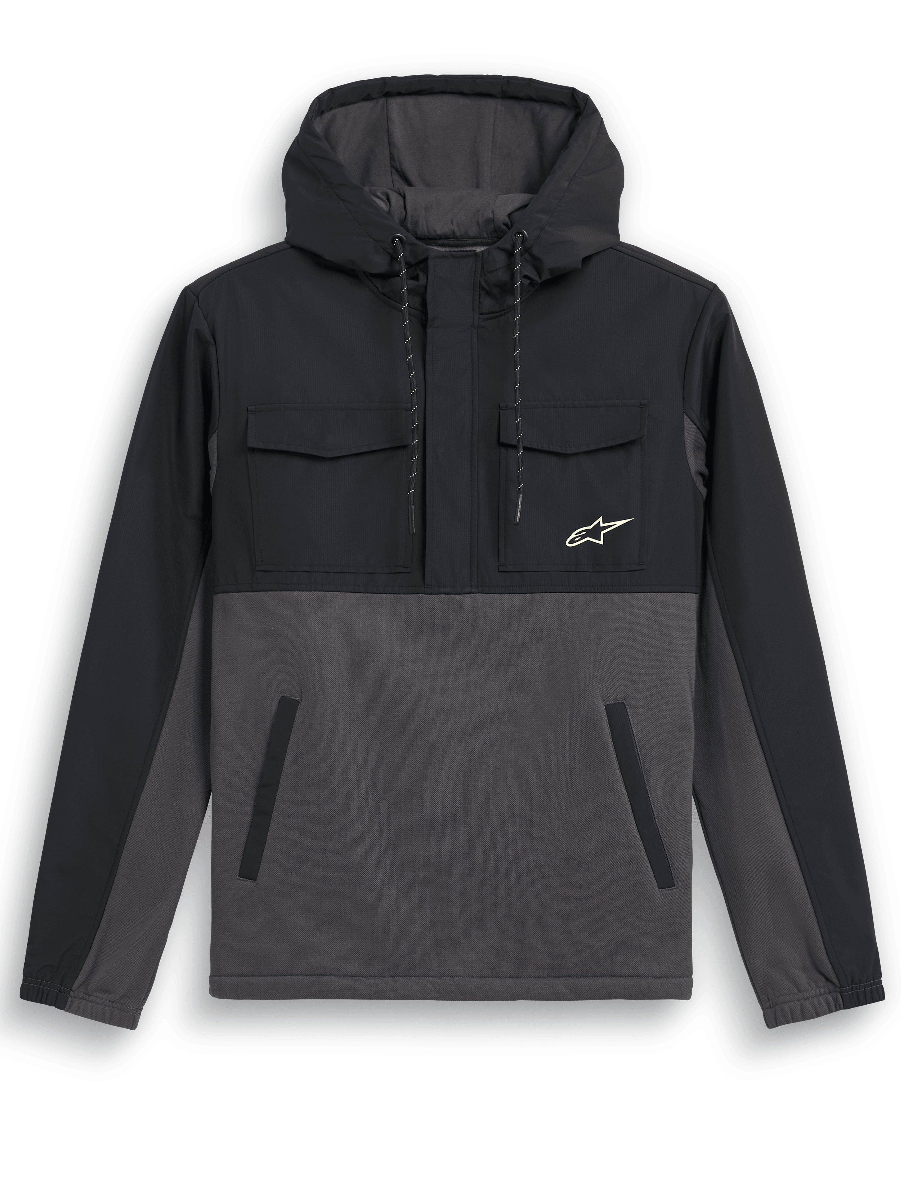 Alpinestars Juncture Hybrid Jacket, anorak con capucha, negro gunmetal, diseño de materiales mixtos con revestimiento de ripstop en el canesú y la capucha, cuerpo de forro polar de lona, bolsillos con solapa en el pecho, bolsillos inferiores de ojal, pequeño logotipo de estrella blanco, chaqueta casual inspirada en el automovilismo