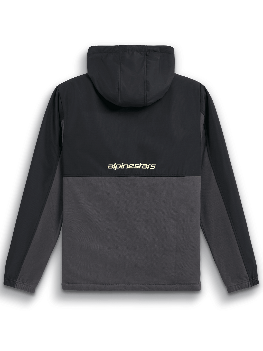 Chaqueta Híbrida Juncture de Alpinestars, vista posterior, negro y gunmetal, anorak de material mixto con canesú y capucha de ripstop, presenta el logotipo 'alpinestars' en el centro de la espalda, estilo streetwear casual de motorsport