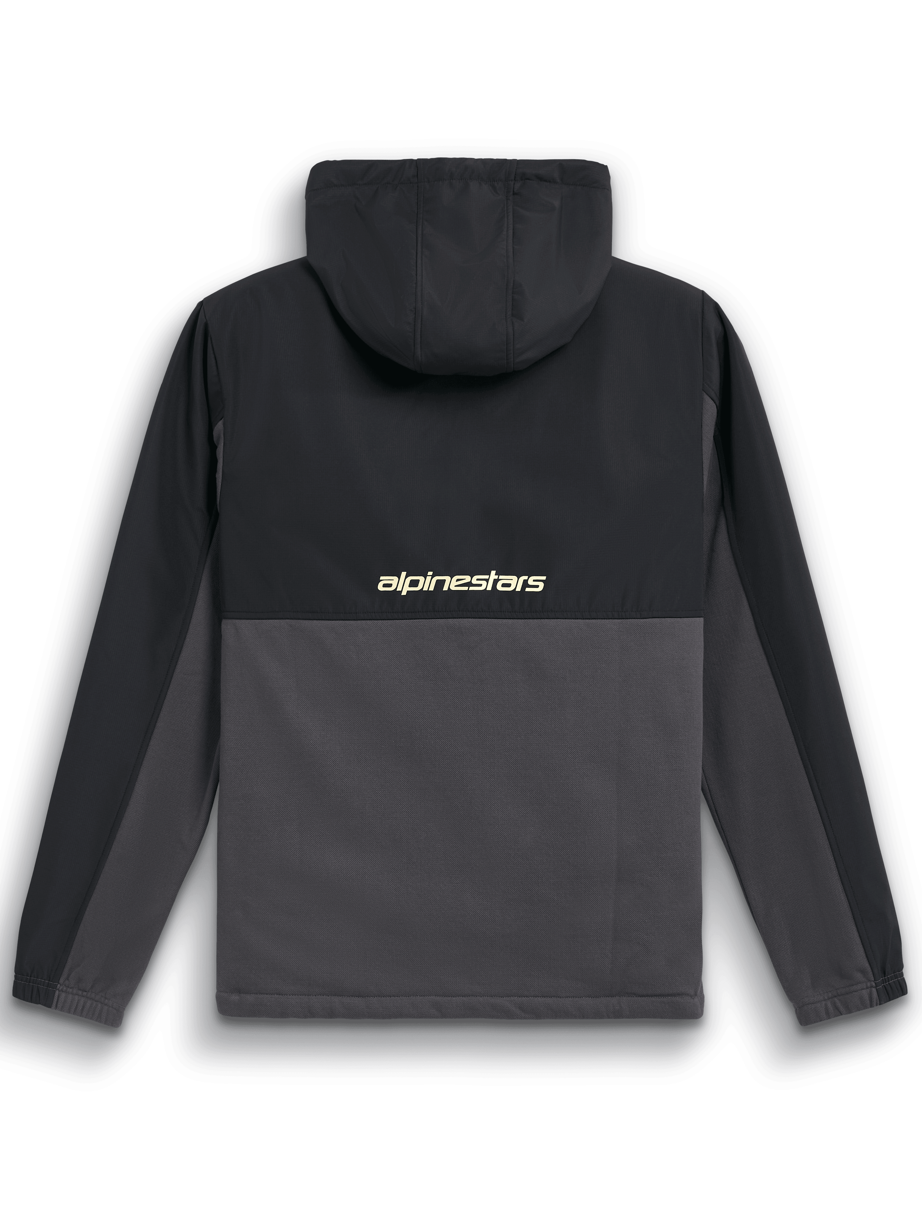 Chaqueta Híbrida Juncture de Alpinestars, vista posterior, negro y gunmetal, anorak de material mixto con canesú y capucha de ripstop, presenta el logotipo 'alpinestars' en el centro de la espalda, estilo streetwear casual de motorsport