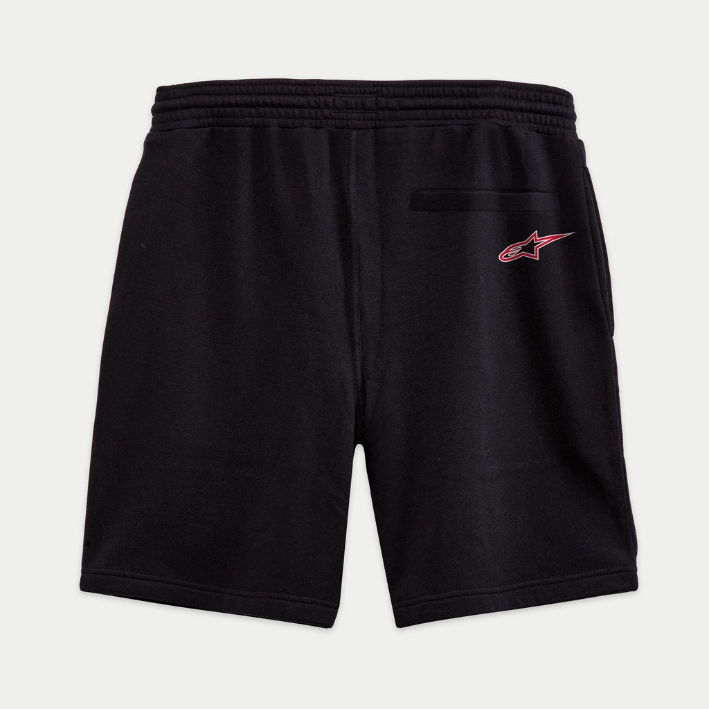 Alpinestars Dunker Short, short de entrenamiento de forro polar en color negro, vista posterior con cintura elástica, bolsillo trasero de ribete y logotipo Ageless rojo y blanco en la cadera.